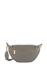 Borsa a tracolla in pelle grigia con forma curva, dotata di una tasca con zip, hardware in tonalità oro e una tracolla regolabile. Texture liscia.