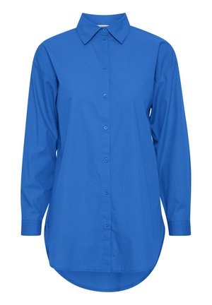 Chemise bleu à boutons avec col, manches longues et ourlet arrondi. Fabriquée en tissu lisse d'une couleur unie et sans motifs visibles.