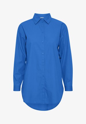 Blaues Hemd mit Knöpfen, Kragen, langen Ärmeln und abgerundetem Saum. Hergestellt aus glattem Stoff, einfarbig und ohne erkennbare Muster.