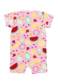 Rosa kurzärmliger Strampler mit einem Obstmuster, das Wassermelonen, Zitronen, Erdbeeren und Bananen in lebhaften Farben zeigt. Aus weichem Baumwollmaterial.