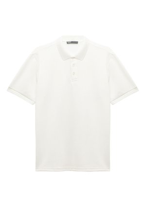 Weißes Poloshirt aus strukturiertem Stoff. Verfügt über einen klassischen Kragen, eine Drei-Knopf-Leiste und kurze Ärmel mit umgeschlagenen Kanten.