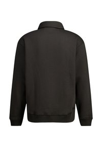 Black sweatshirt with a polo collar, featuring long sleeves and a simple, smooth texture. No visible patterns or accents.