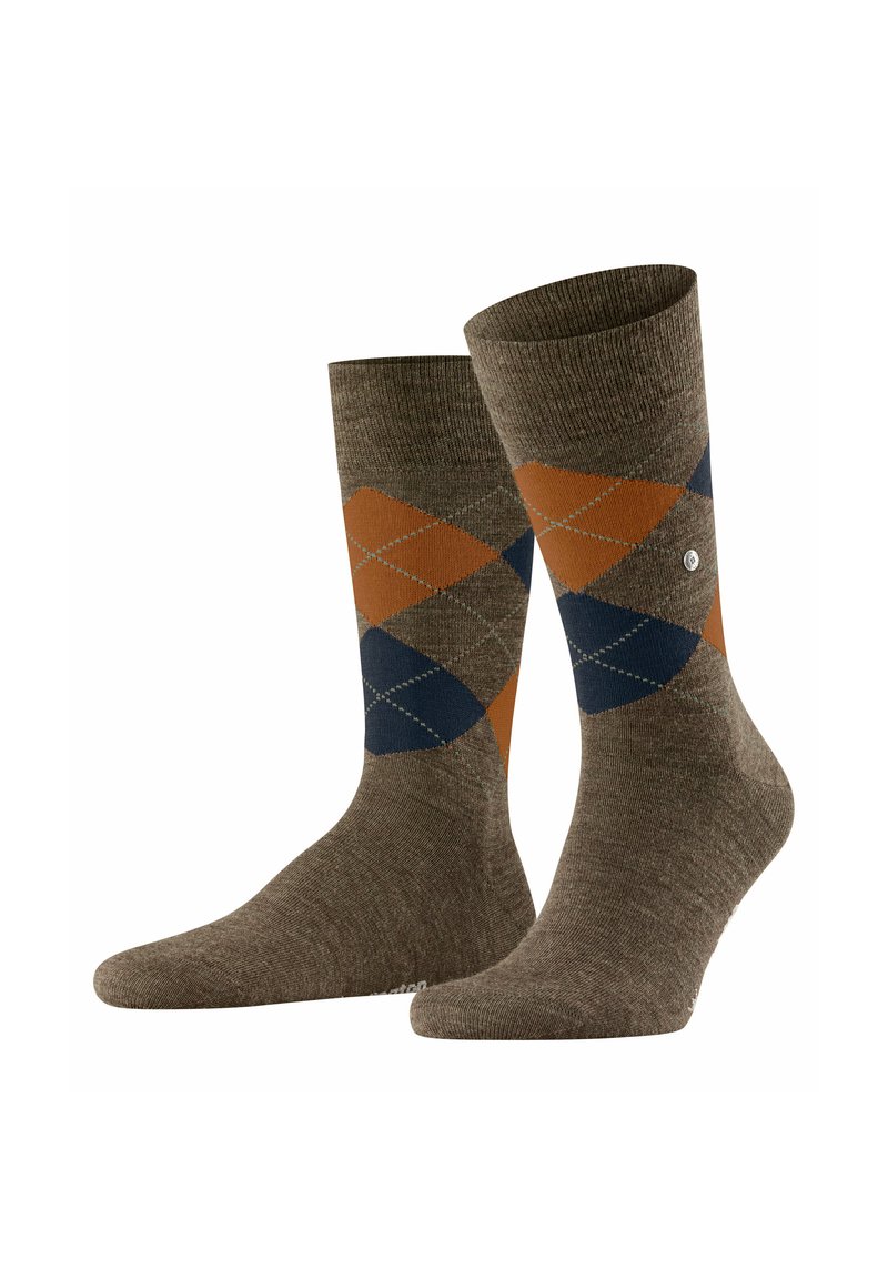 Calze marroni con un motivo argyle in arancione e blu navy. Realizzate in un tessuto texturizzato con un polsino a coste e dettaglio del logo.