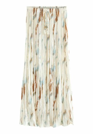 Jupe longue plissée avec base beige, motifs tie-dye marron et bleu, taille à cordon avec petites perles.