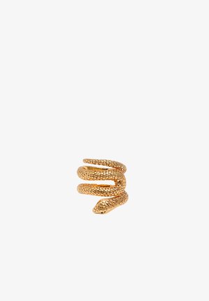 Anello d'oro a forma di serpente con scaglie testurizzate, progettato per avvolgere il dito, caratterizzato da una forma a spirale e una testa di serpente dettagliata.