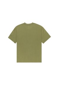 Olive green cotton t-shirt with short sleeves, round neck, and a solid texture. The back view shows a simple, unadorned design.