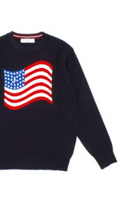 Navy blue sweatshirt with a knitted American flag design in red, white, and blue on the front. Ribbed neckline and cuffed sleeves.