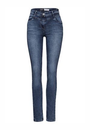 Skinny dark blue denim jeans with a high waist, five pockets, and visible stitching. Features a front button and zip closure.