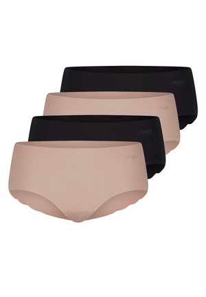 Fire par seamless hipster trusser til kvinder i skiftevis beige og sort, stablet diagonalt på en hvid baggrund.