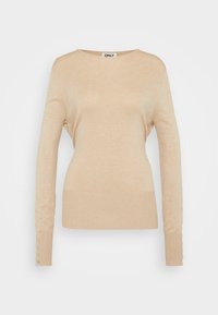 Pull en tricot beige à manches longues avec encolure ronde, ourlet côtelé et détails de boutons aux poignets, fabriqué dans un tissu doux et léger.
