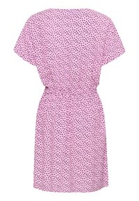 Rosa klänning med ett blommönster i mörklila, korta ärmar, samlad midja, knälång, tillverkad av lättviktsmaterial.