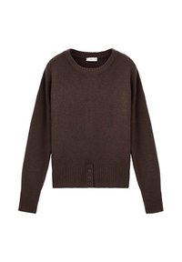 Pulover tricotat cu mâneci lungi, de culoare maro închis, cu guler rotund și trei butoane mici în partea de jos a tivului ondulat.