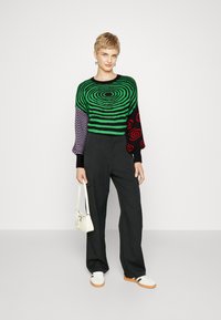 Maglione colorato a maglia con motivo a spirale verde, corpo nero e manica viola. Abbinato a pantaloni larghi neri e sneaker bianche.