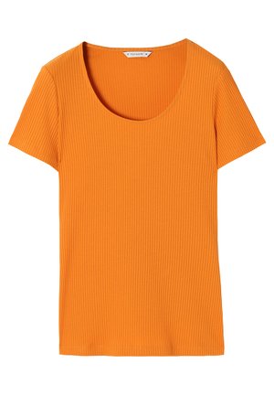 Oranžna rebrasta kratkolisna majica z okroglim izrezom, izdelana iz raztegljive tkanine, s prilegajočim se dizajnom in gladko teksturo.