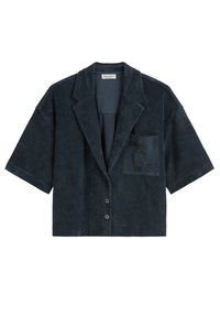 Dark navy short-sleeve blazer made from soft, textured fabric. Features a notched collar, front pocket, and five black buttons.