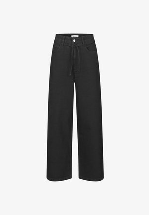 Mustadest denimist laiad püksid kõrge vöökoha, nööriga detaili ja esikottidega. Sile tekstuur klassikalise istuvusega.