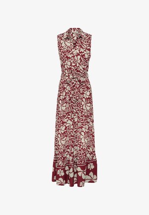 Vestido maxi sin mangas en burdeos con un patrón floral blanco. Presenta un cierre de botones en la parte frontal, un cinturón en la cintura y un dobladillo acampanado.