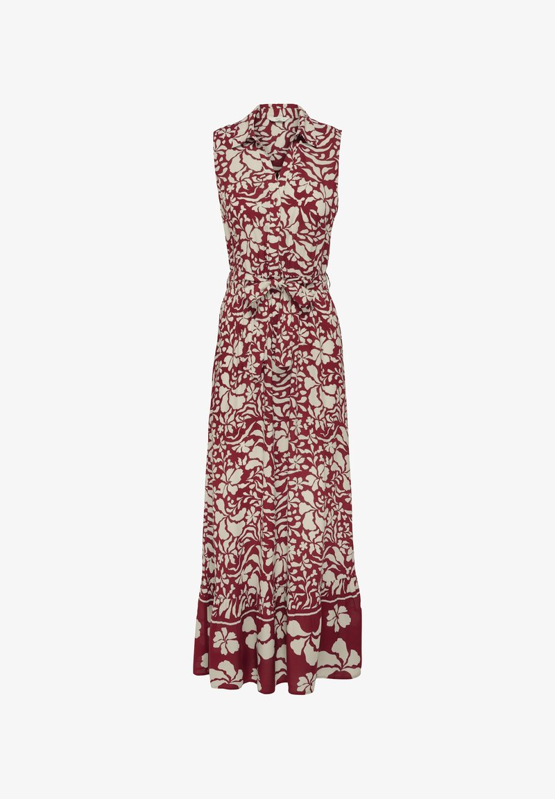 Mouwloze maxi-jurk in bordeauxrood met een wit bloemenpatroon. Kenmerkt zich door een knopenlijst aan de voorkant, een riem in de taille, en een uitlopende zoom.