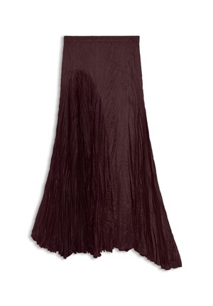 Dolga, temno bordova krilo z gubami, asimetričen rob in gladkim pasom.