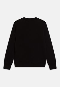 Zwarte sweatshirt, ronde hals, lange mouwen, eenvoudig ontwerp, katoenharen stof, ribgebreide manchetten en zoom, geen zichtbare logo's of patronen.