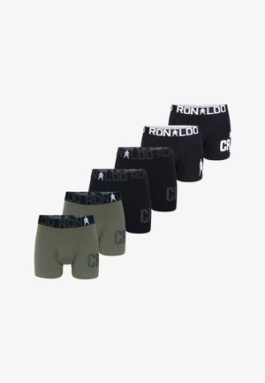 Zes paar boxershorts in zwart en groen met "CR7" en "RONALDO" branding op de taillebanden en benen.
