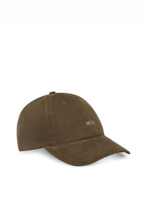 Casquette de baseball en velours côtelé marron avec une visière courbée et une petite broderie blanche "WWL" sur le panneau avant.