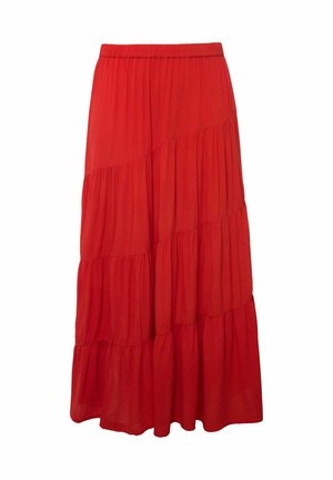 Červená maxi sukně s vrstveným designem vyrobená z lehké, splývavé tkaniny s elastickým pasem a texturovanými vertikálními švy napříč vrstvami.