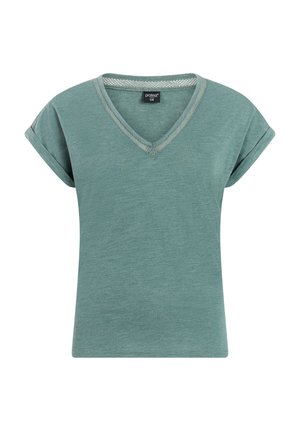 Short-sleeve teal green V-neck shirt with mesh trim around neckline and rolled cuffs, labeled size S36.