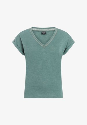 Short-sleeve teal green V-neck shirt with mesh trim around neckline and rolled cuffs, labeled size S36.