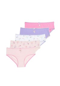 Verpakking van vijf katoenen hipster slips in roze, paars en wit, met prints van balletdansers en contrasterende kantdetails.