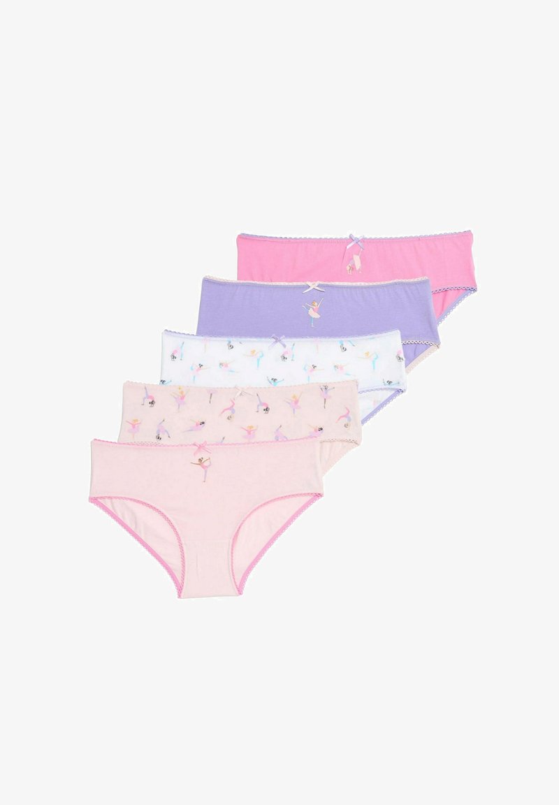 Pack of five cotton hipster briefs in pink, purple, and white, featuring ballet dancer prints and contrasting lace trim details.