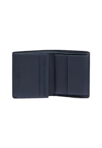 Marineblaues Lederportemonnaie mit strukturierter Oberfläche, ausgestattet mit mehreren Kartenfächern und einem Klappdesign. Ziernähte in kontrastierender Farbe.