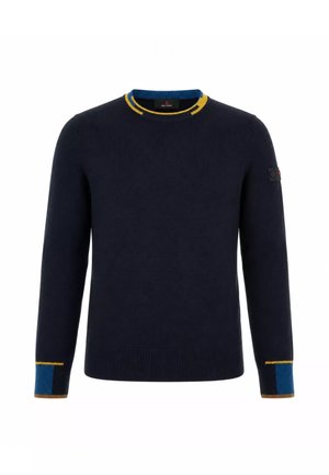 Maglione blu navy a manica lunga con rifiniture gialle e blu su collo e polsini, orlo a coste e una piccola toppa sulla manica superiore sinistra.
