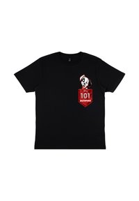 Černé tričko s krátkým rukávem s grafickým motivem kresleného psa a červeným štítem s textem "101 Dalmatinů". Vyrobeno z bavlny.