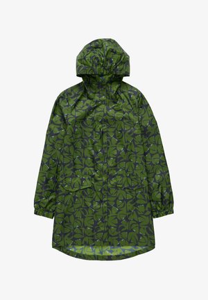 Grøn regnjakke med et bladmønsterdesign, lavet af vandtæt materiale, med hætte, elastiske manchetter og frontlommer.