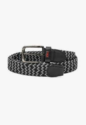 Gewebter elastischer Gürtel in Schwarz und Grau mit einer silberfarbenen rechteckigen Schnalle und Lederakzenten. Verfügt über eine glatte, geflochtene Textur.