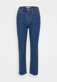 Jeans in denim blu scuro con design a gamba dritta, vita alta e dettagli di cucitura sottili. Presentano una chiusura frontale con bottone e passanti per la cintura.
