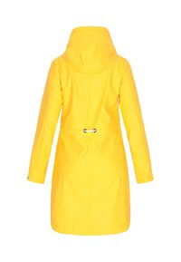 Rumena nepremočljiva jakna s kapuco, dolgimi rokavi, nastavljivim pasom s vrvico in gladko teksturo. Enostaven dizajn brez vidnih vzorcev.