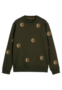 Olivgrüner Sweatshirt mit rundem Ausschnitt, verziert mit goldenen gestickten Sonnen- und Mondmotiven, die über die Vorderseite und die Ärmel verteilt sind.
