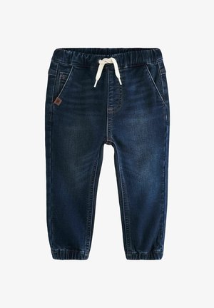 Pantaloni in denim blu scuro con vita elastica e cordino bianco, dotati di due tasche frontali e polsini arricciati alle caviglie.