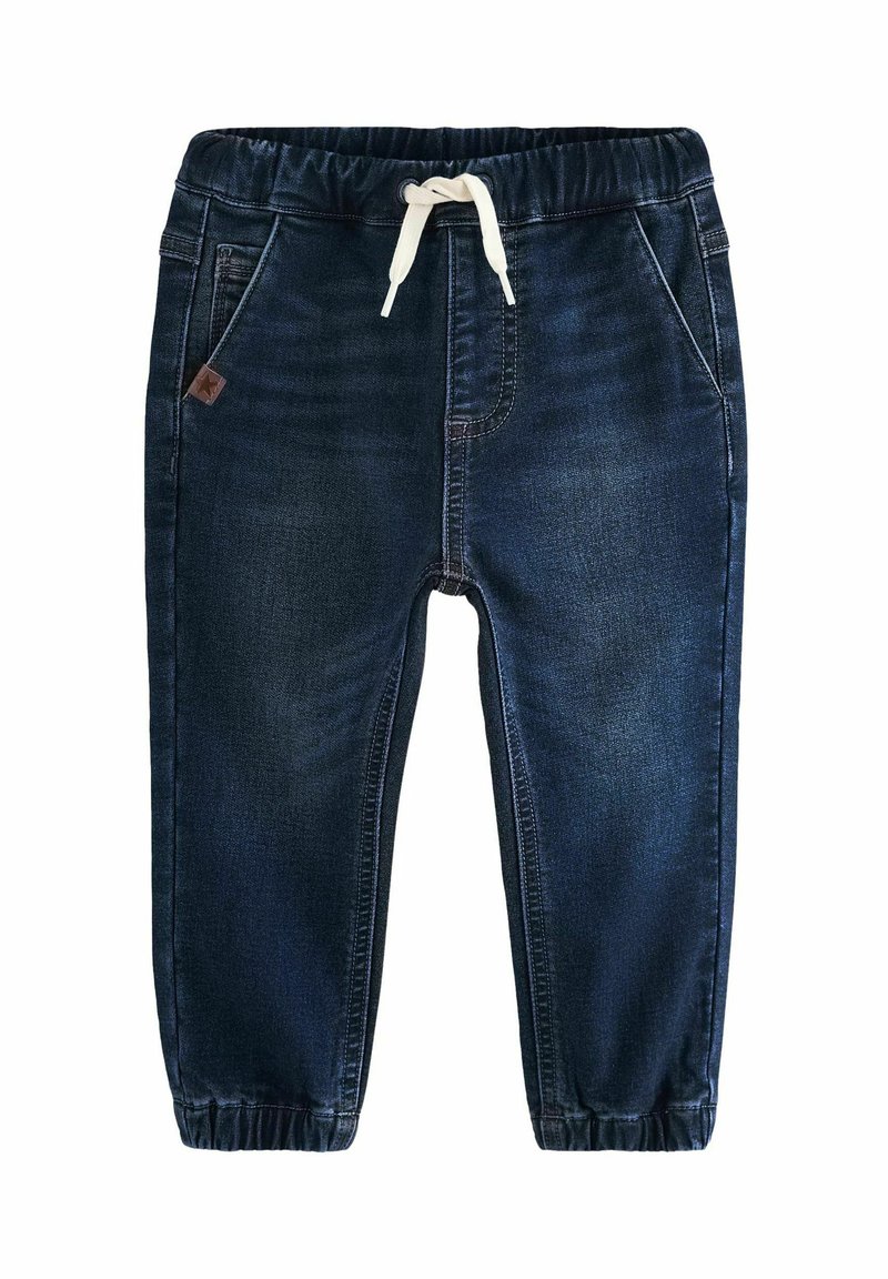 Pantalon en denim bleu foncé avec une taille élastique et un cordon de serrage blanc, comportant deux poches avant et des poignets froncés aux chevilles.
