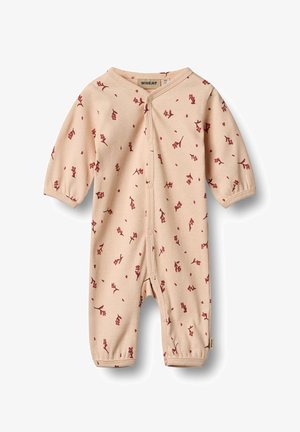 Light peach ribbed baby onesie with short sleeves, featuring a red floral pattern, front button closure, and elasticized cuffs at the ankles.