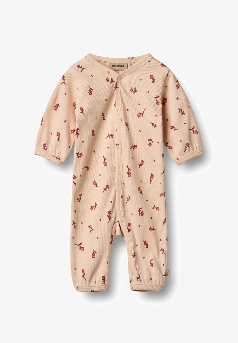 Svetlo breskvasta rebrasta otroška bodi s kratkimi rokavi, ki ima rdeč cvetlični vzorec, sprednjo zaponko na gumb in elastične manšete na gležnjih.