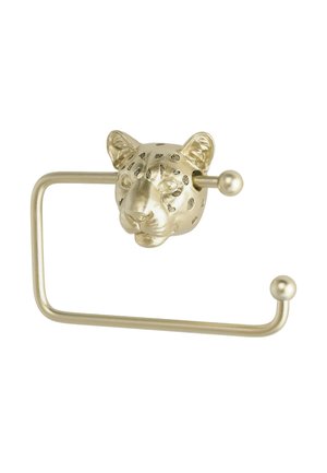 Goldfarbener Metallhalter für Toilettenpapier mit einem dekorativen Leopardenkopf an einer Seite.