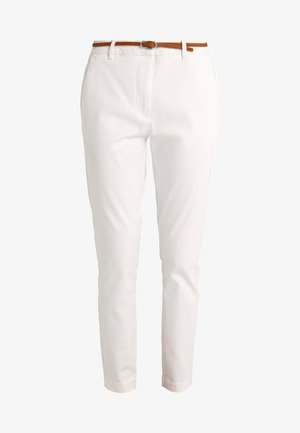 White cotton trousers with a slim fit, featuring a brown leather belt, smooth texture, and front pockets. Simple, clean design.