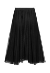Jupe en tulle noir avec un design fluide, dotée d'une ceinture ajustée et d'une texture en couches, offrant une apparence légère et semi-transparente.