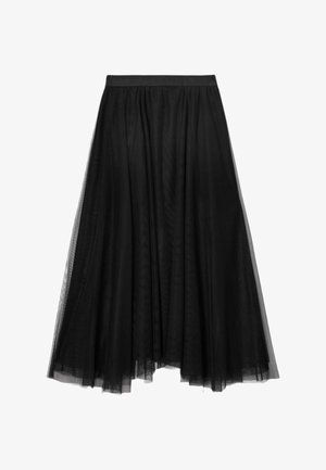 Zwarte tule rok met een vloeiend ontwerp, voorzien van een aangesloten tailleband en gelaagde textuur, die een lichtgewicht, semi-transparante uitstraling biedt.