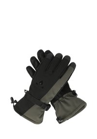 Svarta och mörkgröna handskar med en texturerad utsida, elastiska manschetter, fingerkottar med bättre grepp och justerbara remmar vid handleden.