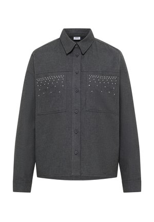 Dark gray button-up shirt with pointed collar, long sleeves, two chest pockets, and small silver studs above the pockets.