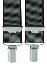 Black striped suspenders made of woven fabric with silver metal clips at both ends for attachment. Durable and functional design.